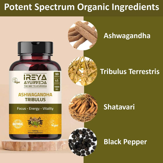 Ireya Ayurveda Ashwagandha Capsules Organic (90 Capsules) 1000mg Made with Tribulus Terrestris, Shatavari and Black Pepp