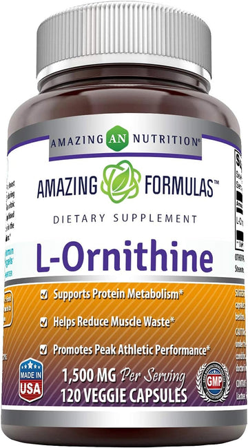 Amazing Formulas L-Ornithine 1500mg Per Serving Veggie Capsules(Non GMO,Gluten Free)- Supports Protein Metabolism, Helps Reduce Muscle Waste, Promotes Peak Athletic Performance(120 Count)