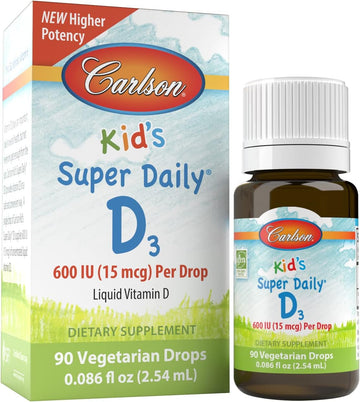 Carlson - Kid's Super Daily D3, Kids Vitamin D Drops, 600 IU (15 mcg) per Drop, Vegetarian, Liq Vitamin D Drops for Kids, Unavored, 90 Drops (2.54 mL)
