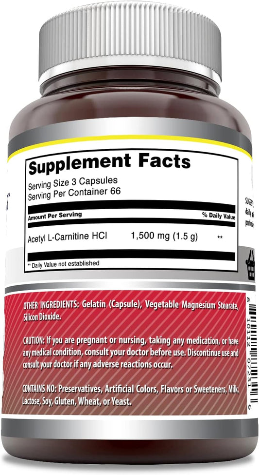 Amazing Formulas Acetyl L-Carnitine 1500mg 200 Capsules Supplement | ALCAR | Non-GMO | Gluten Free | Made in USA