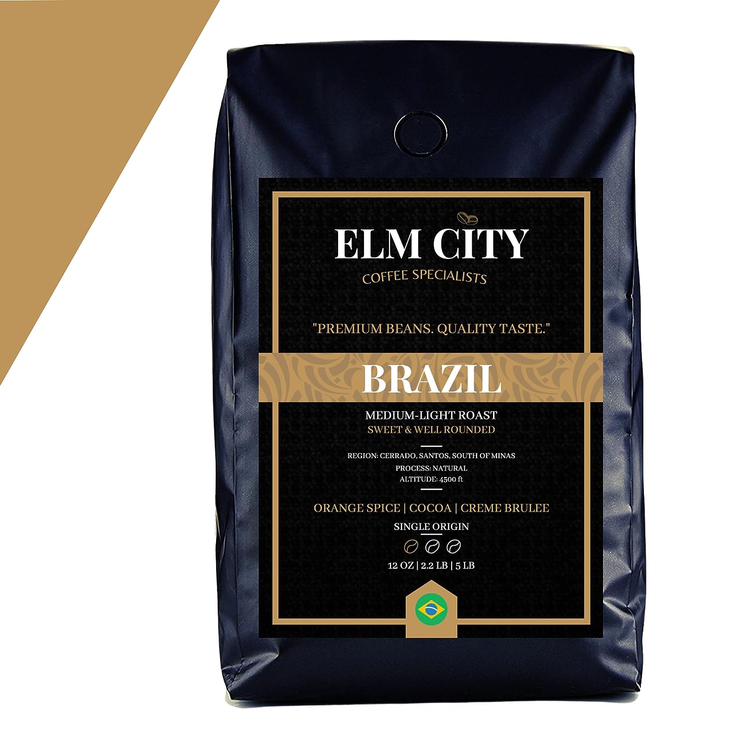 Elm City Coffee Specialists - Single Origin Ground Specialty Coffee | BRAZIL | Medium-Light Roast, Notes of Orange Spice, Rich Cocoa and Creme Brûlée, Low Acid, Round and Sweet