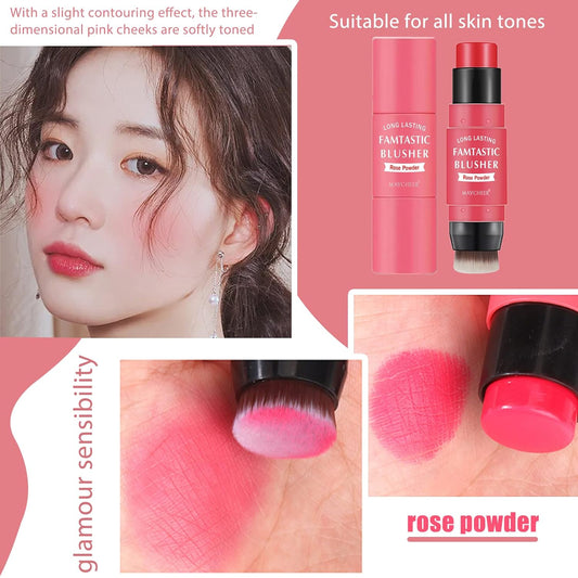 CkFyahp Cream Blush Stick with Brush, 3 in 1 Makeup Stick for Cheeks, Lips and Eyes Lightweight Cheek Makeup Stick for Mature Skin, Long Lasting, Face Blush Cream Rose Pink