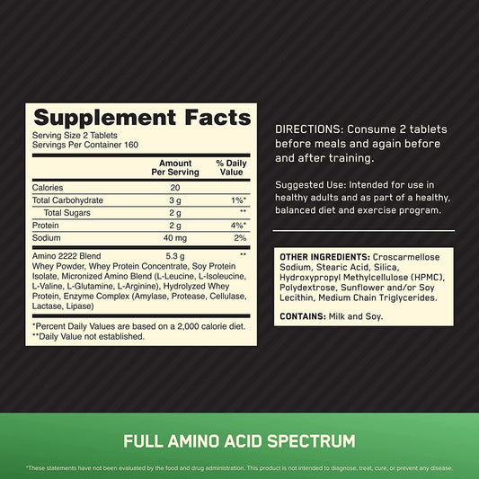 Optimum Nutrition Superior Amino 2222 Tablets, Complete Essential Amino Acids, EAAs,