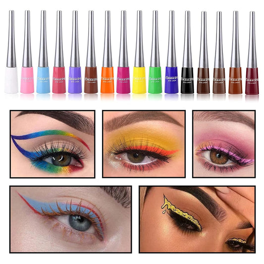 Permotary 16 PCS Matte Colorful Liquid Eyeliner Set Neon Eye Liners Pen,Waterproof Long Lasting Quick Dry Rainbow Eyeliner Eyeshadow Pencil Makeup Kit Gift for Women Girls