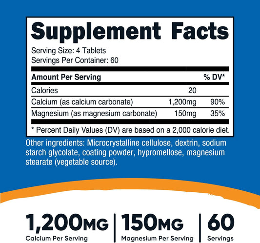 Nutricost Calcium & Magnesium Carbonate 240 Tablets, 1200mg of Ca & 150mg of Mg per Serving, 60 Servings- Gluten Free, N