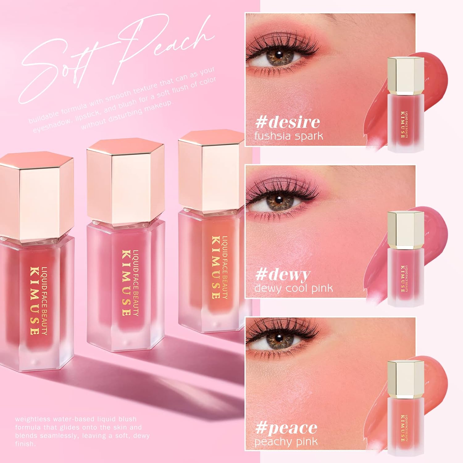 KIMUSE Soft Liquid Blush Makeup Trio, Weightless, Long-lasti