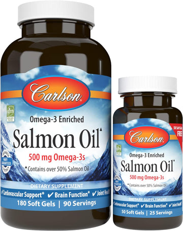 Carlson - Norwegian Salmon Oil, 500 mg Omega-3s, Norwegian Salmon Oil Supplement, Wild Caught Omega 3 Salmon Oil Capsules, Sustainably Sourced, Brain, Heart & Joint Health, 180+50 Softgels