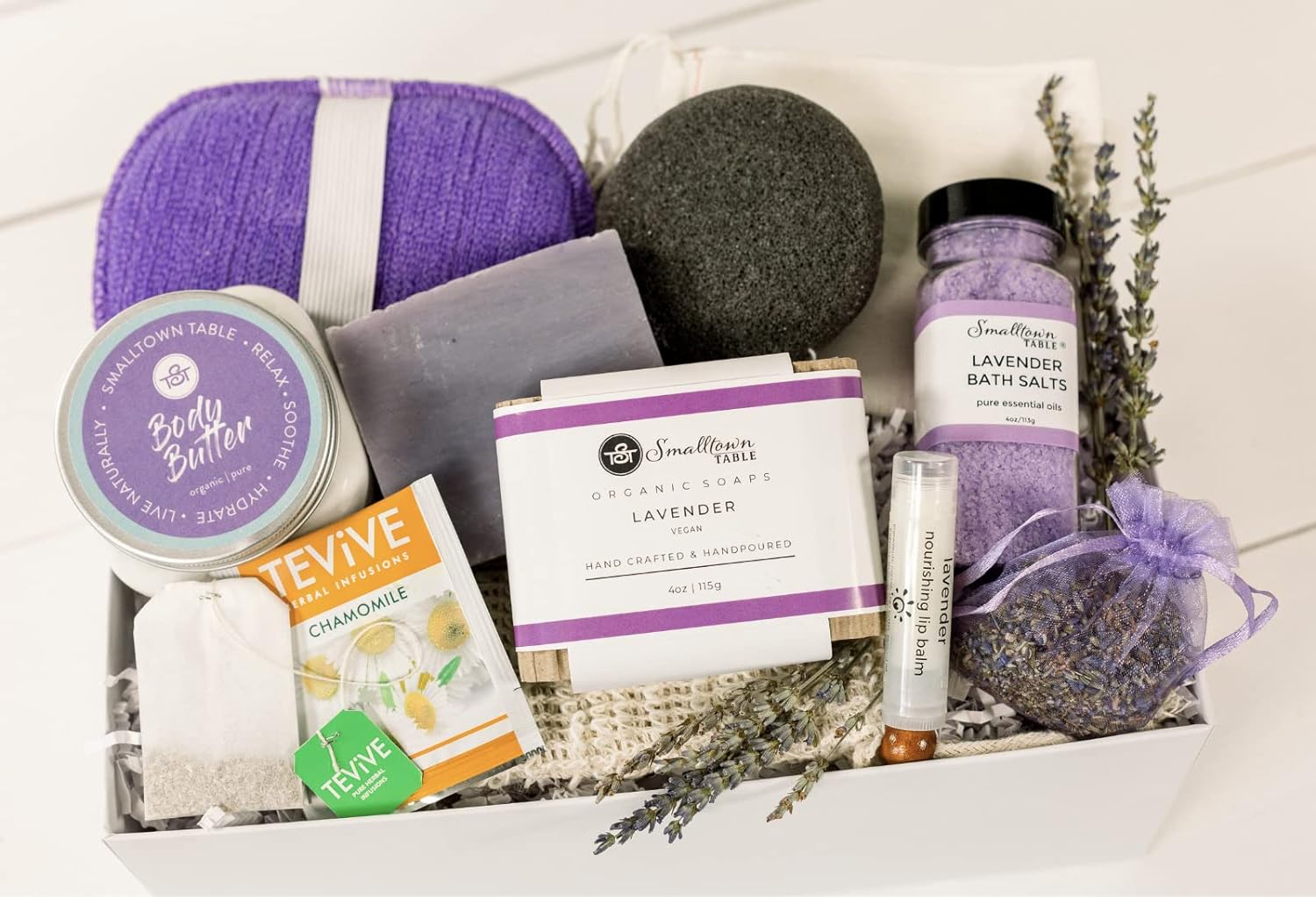 Relaxing Lavender Spa Box for Her - Self Care Relaxation Gifts, Spa Kit, Handmade Soap, Body Butter, Bath Salt Soak