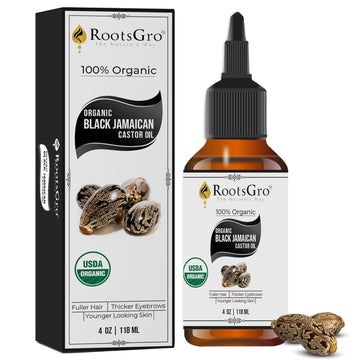 RootsGro 100% Organic Jamaican Black Castor Oil - USDA Certified - Stimulates Hair Growth - Moisturizes and Nourishes Sk