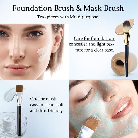 BEILI at Foundation Brush and Square Foundation Brush for Liquid Cream Facial Mask Concealer Makeup Premium Soft Synthetic Contour Brush for Blending Liquid Cream Foundation Emulsion Cosmetics 2Pcs