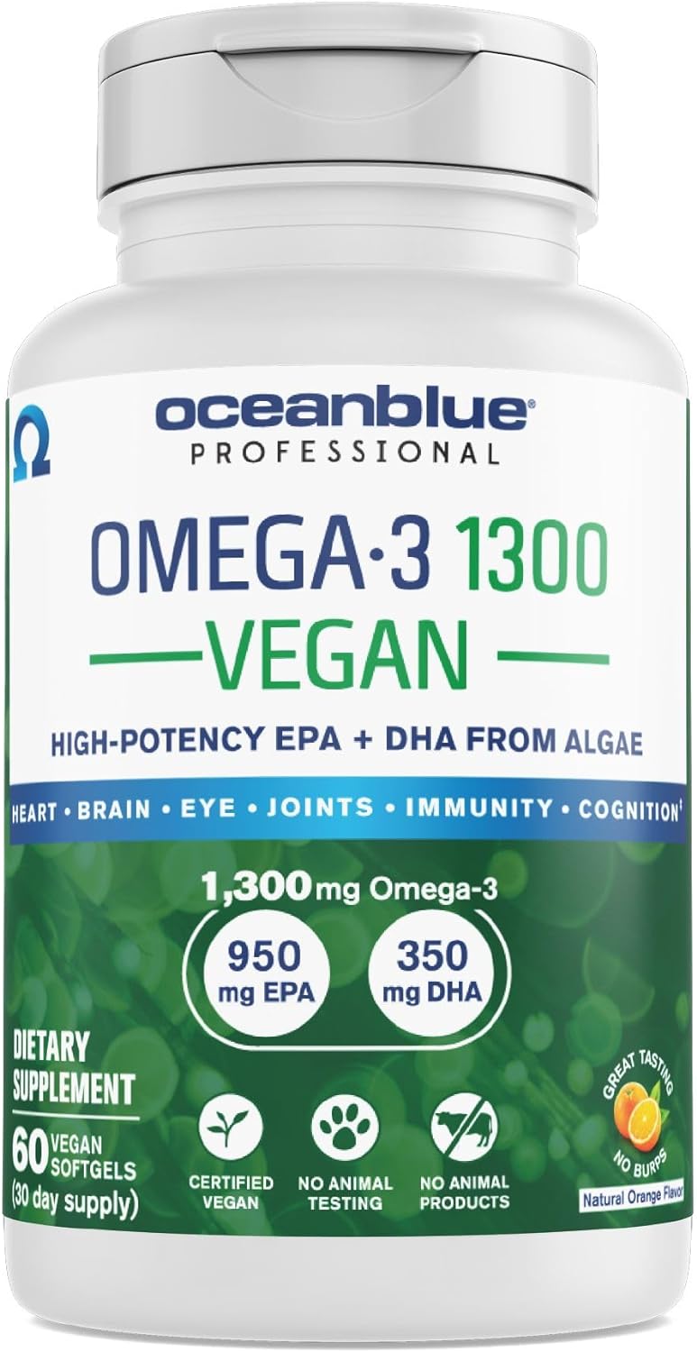 Oceanblue Professional Vegan Omega-3 1300-60 Count - Plant-Based Fish Oil Alternative, High-Potency Vegan DHA EPA Algae