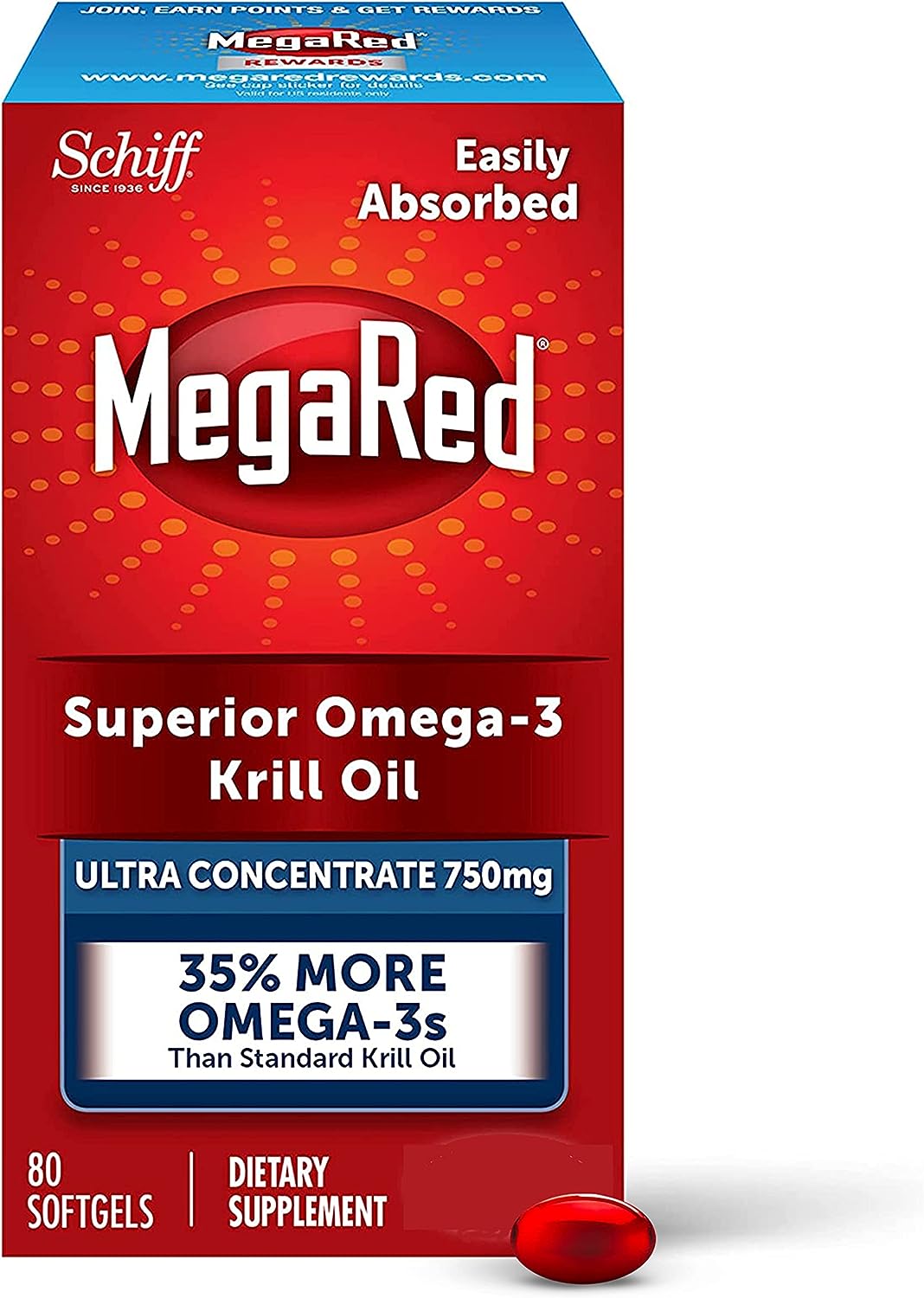 Megared Ultra Strength Krill Oil Omega 3 Supplement, 750mg ? EPA & DHA Antioxidant Astaxanthin for Heart Health, 80 Soft