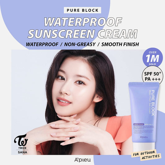 A'PIEU Pure Block Waterproof Sunscreen Cream SPF50+/PA+++ 50ml | Sweat-proof Reef Safe Korean Sunscreen for Outdoor Activities