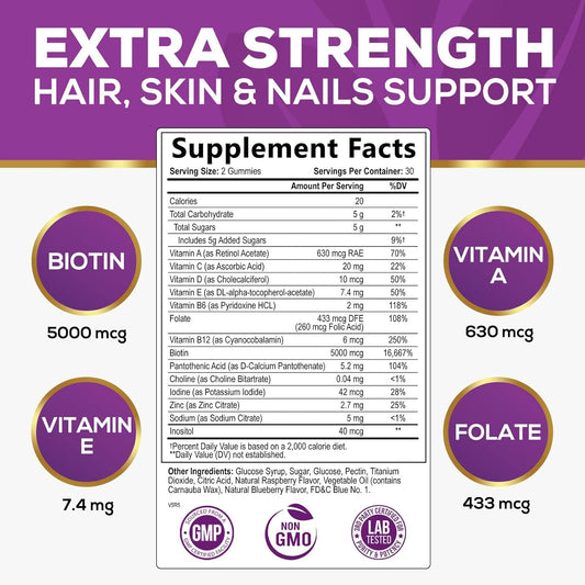 Hair Vitamins Gummy, With Biotin 5000Mcg And Vitamins E & C, Advanced