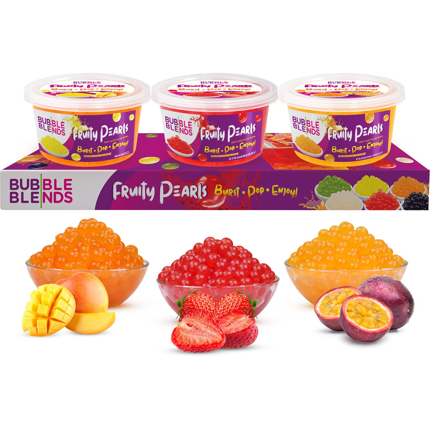 Bubble Blends Mango, Passion Fruit, Strawberry Popping Boba Variety Pack - Boba Pearls with Real Fruit Juice - Add-ons for Bubble Tea - Fat-Free Popping Pearls