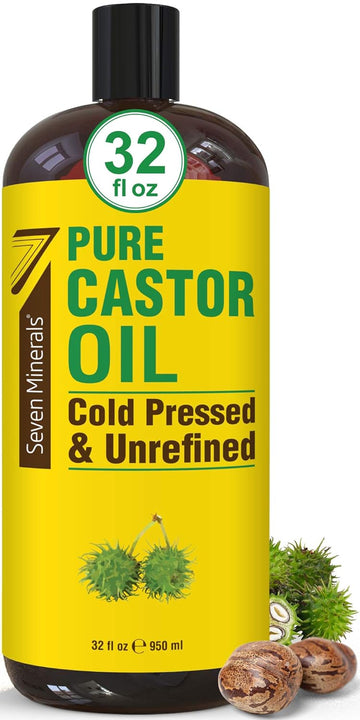 Seven Minerals Pure Cold Pressed Castor Oil - Big 32 fl oz Bottle - Unrefined & Hexane Free - 100% Pure Caster Oil for H