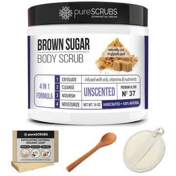 pureSCRUBS Premium Organic Brown Sugar UNSCENTED FACE & BODY SCRUB Set - Large 16, Infused With Organic Essential Oils & Nutrients INCLUDES Wooden Spoon, Loofah & Mini Exfoliating Bar Soap