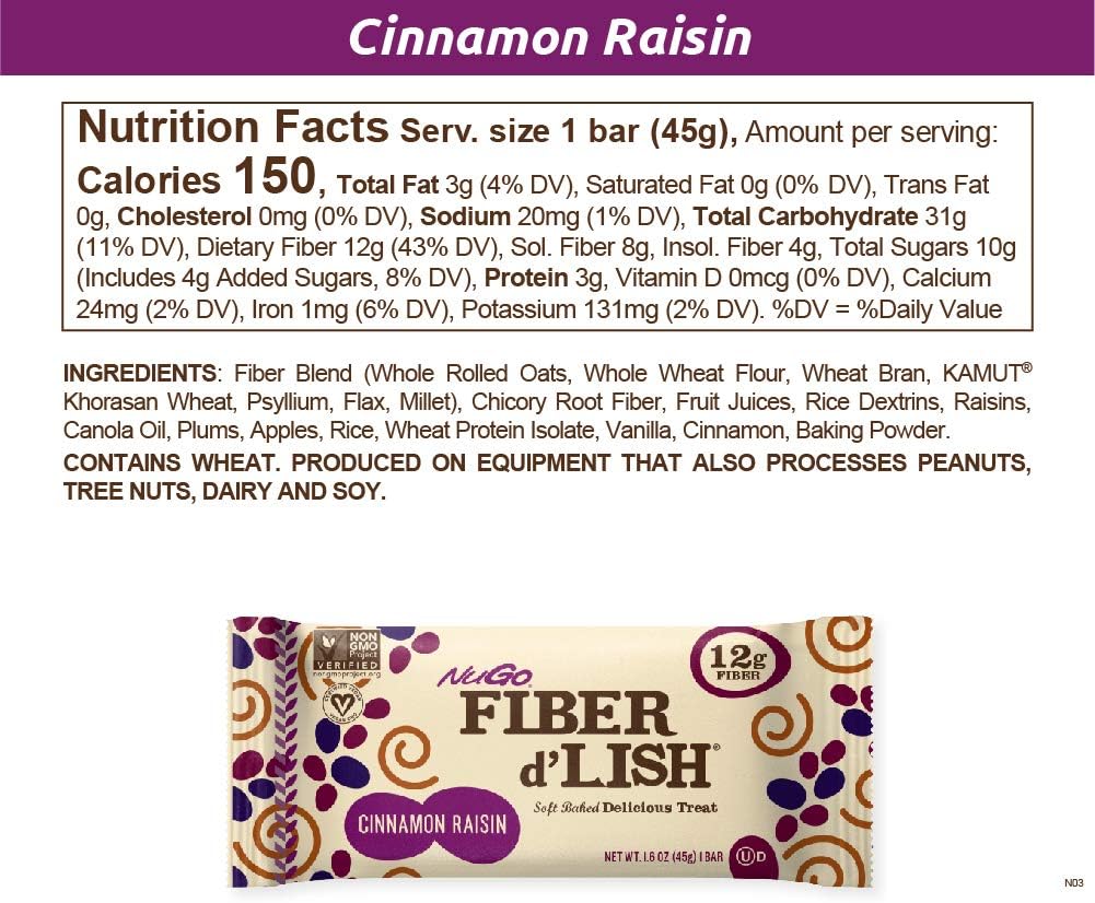NuGO Fiber d'Lish Cinnamon Raisin, 12g High Fiber, Vegan, 150 Calories
