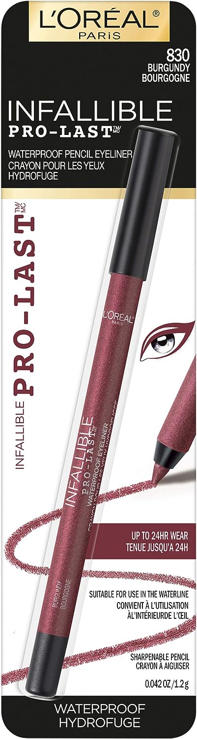 L’Oréal Paris Makeup Infallible Pro-Last Pencil Eyeliner, Waterproof and Smudge-Resistant, Glides on Easily to Create any Look, Burgundy, 0.042