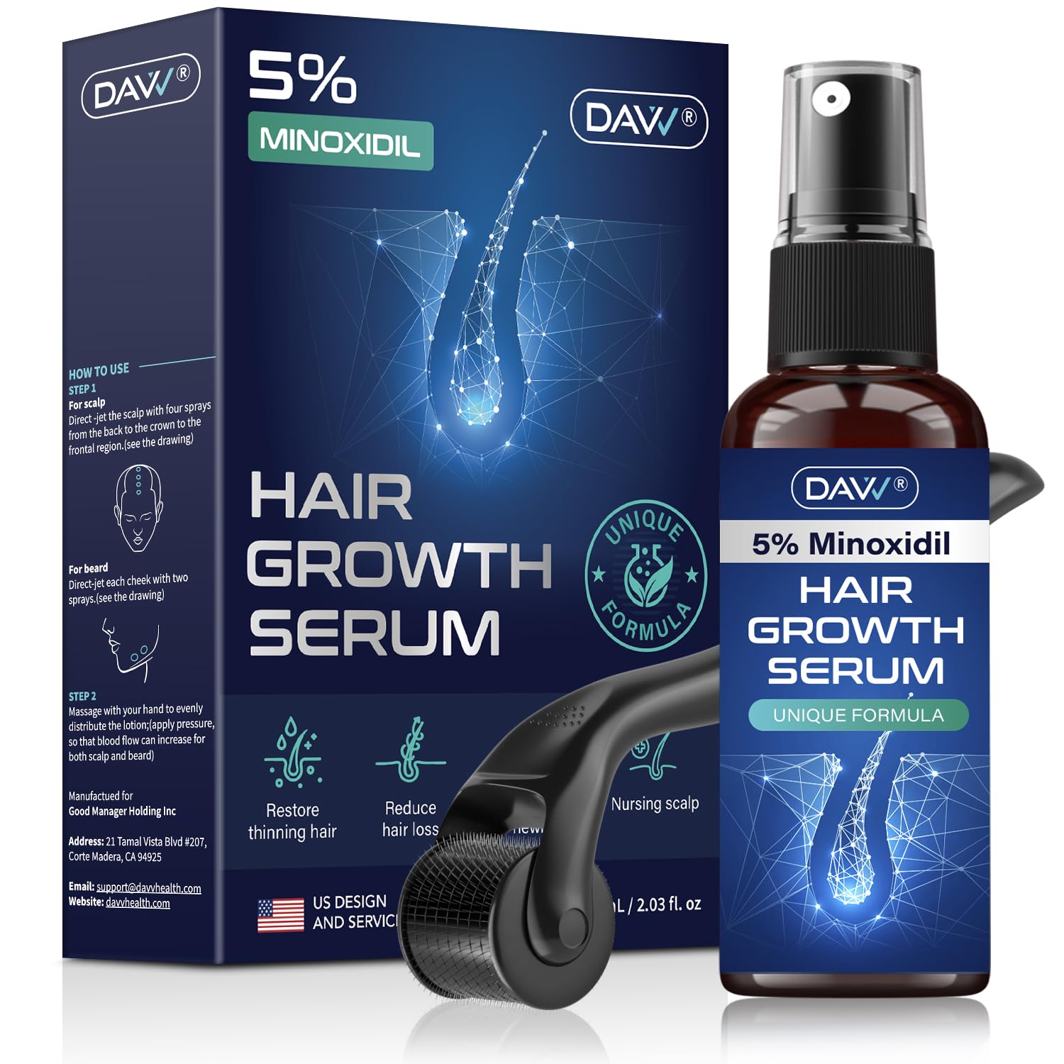DAVV 5% Minoxidil Hair Growth Serum for Men and Women with a Roller Hair Regrowth Treatment Kit for Stronger, Thicker, Longer hair. It Helps to Stop Thinning and Loss of hair Size 60Ml