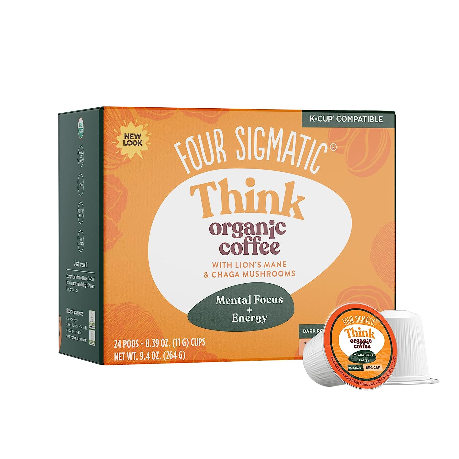 Four Sigmatic Mushroom Coffee K-Cups | Organic and Fair Trade Dark Roast Coffee with Lion's Mane, Chaga & Mushroom Powder | Focus & Immune Support | Vegan & Keto | Sustainable Pods | 24 Count