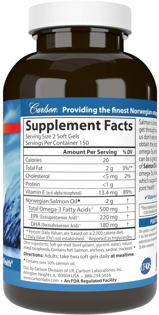 Carlson - Salmon Oil, 500 mg Omega-3s, Norwegian, Heart, Brain & Joint Health