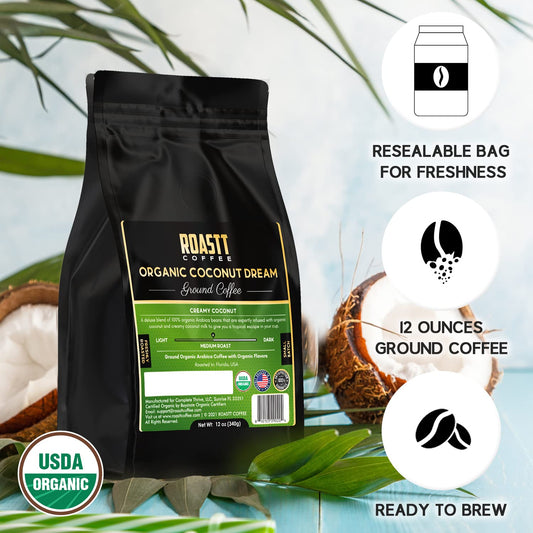 Coconut Coffee | Toasted Coconut Ground Coffee | Gourmet Medium Roast Organically Flavored Coffee Ground | Caffeinated Organic Toasted Coconut Coffee - Roasted Flavored Coffee Grounds by Roastt Organic