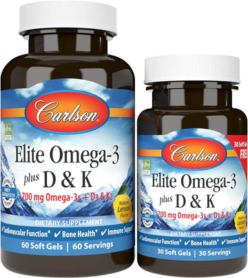 Carlson - Elite Omega-3 Plus D & K, 700 mg Omega-3s + D3 & K2, Function, Bone Health & Immune Support, Lemon, 60+30 Soft