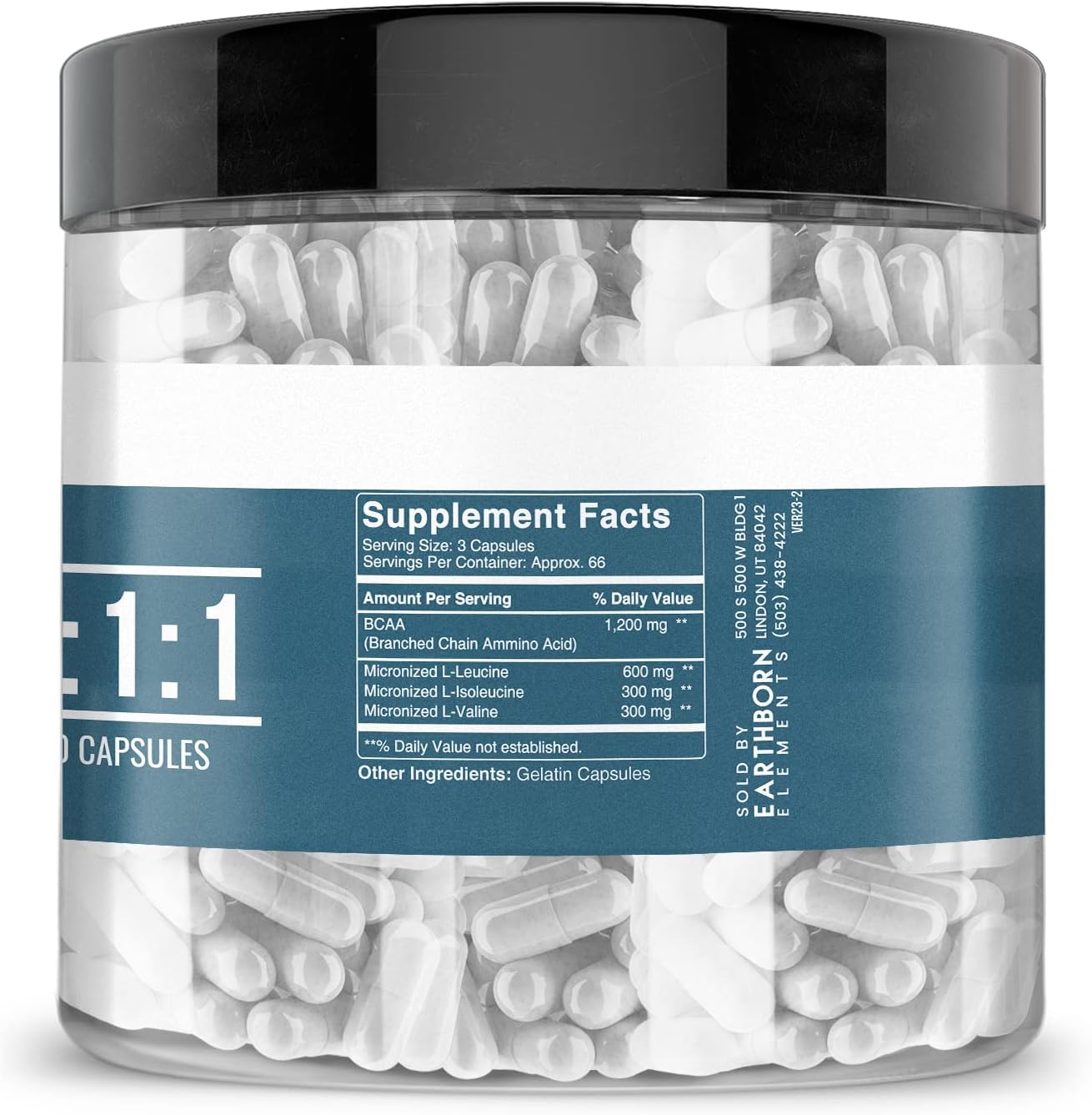 Earthborn Elements BCAA, 200 Capsules, Pure & Undiluted, No Additives
