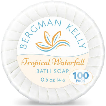 BERGMAN KELLY Hotel Soap Bars in Bulk (Tropical Waterfall, 0.5 , 100 PK), Small Individually Wrapped Round Soap, Travel Size Mini Toiletries for Airbnb, Motel, Guest Bathroom