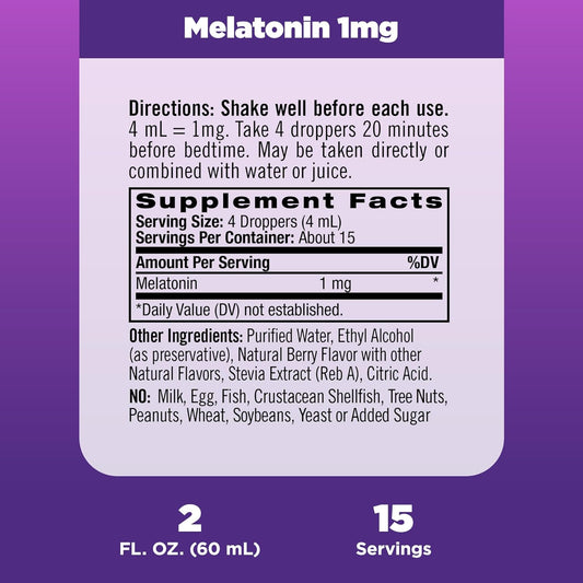 Natrol 1mg Liq Melatonin Sleep Aid, Fall Asleep Faster, Stay Asleep Longer, Faster Absorption, Berry avored Supplement, 2 .  Tincture Bottle