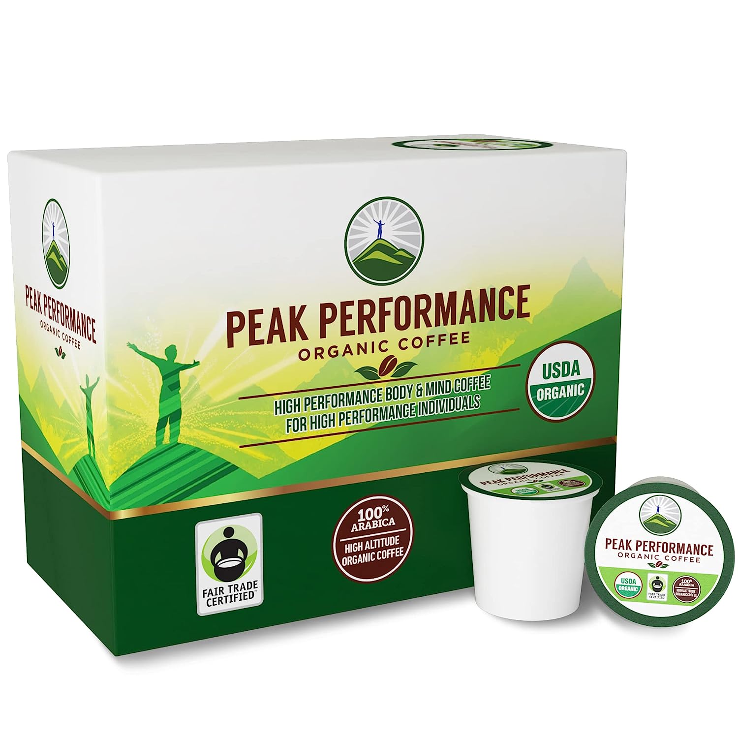 Organic Coffee Pods - Peak Performance High Altitude Organic Coffee. Coffee for High Performance Individuals. Fair Trade, Low Acid, Organic Beans Medium Roast. Single Serve 24 Coffee Pods, Cups