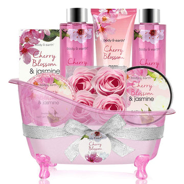 Gift Basket for Women- Spa Body&Earth 8 Pcs Bath Sets with Cherry Blossom&Jasmine Scent Bubble Bath,Shower Gel,Body & Hand Lotion,Bath Salts for Mother's Day Gifts