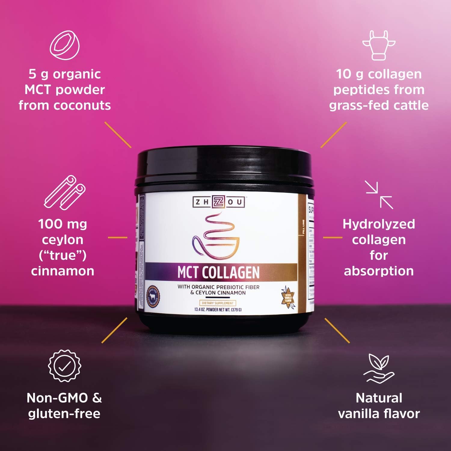 Zhou MCT Collagen | with Organic Prebiotic Fiber & Ceylon Cinnamon | 2