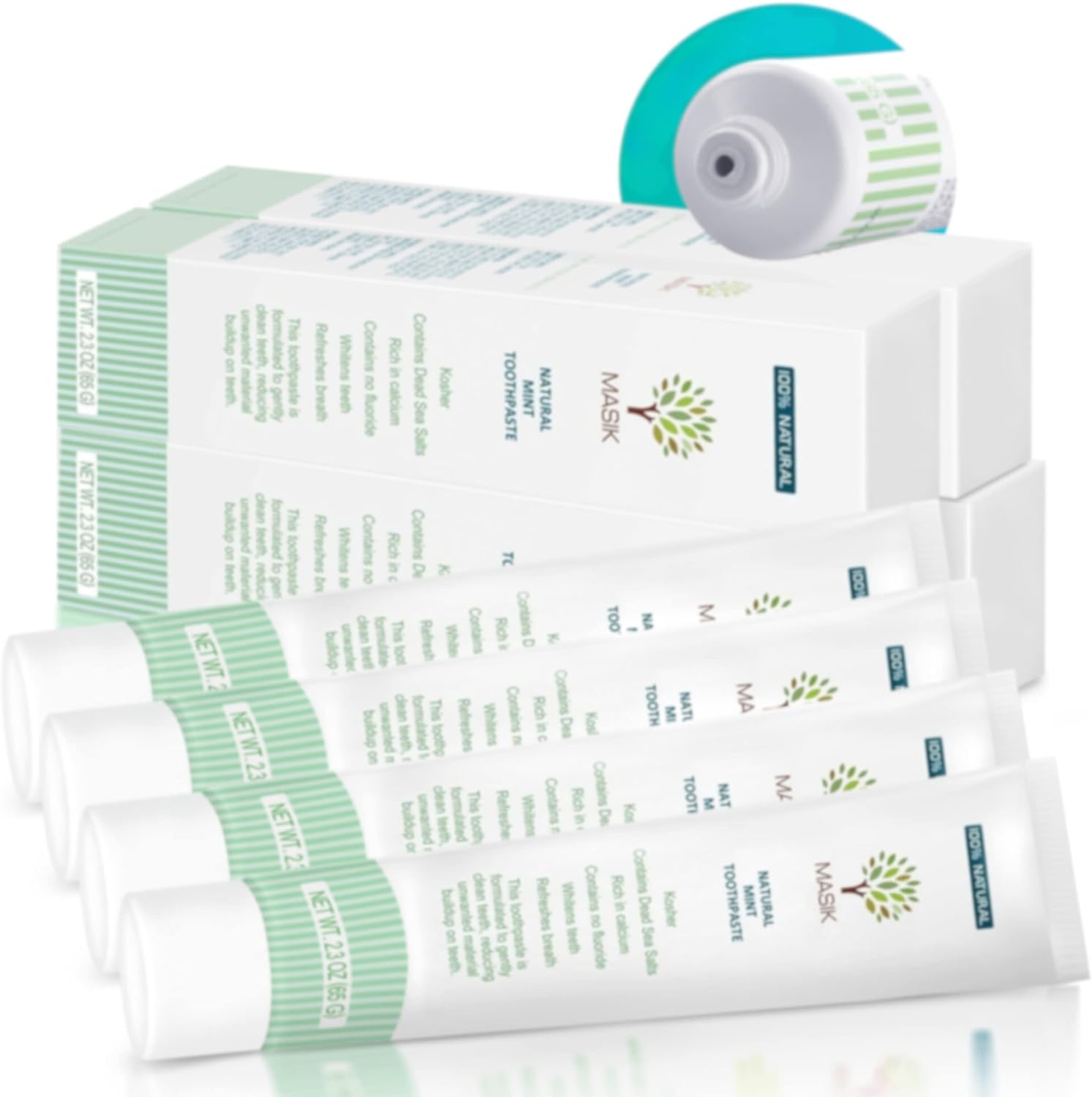 Masik Toothpaste Whitening Stain Removal with Dead Sea Salt Mineral & Essential Oils for Sensitive Teeth Gum Health - uoride & Foam Free, Non SLS, Travel Size, Made in Israel (Mint - 4 Pack)