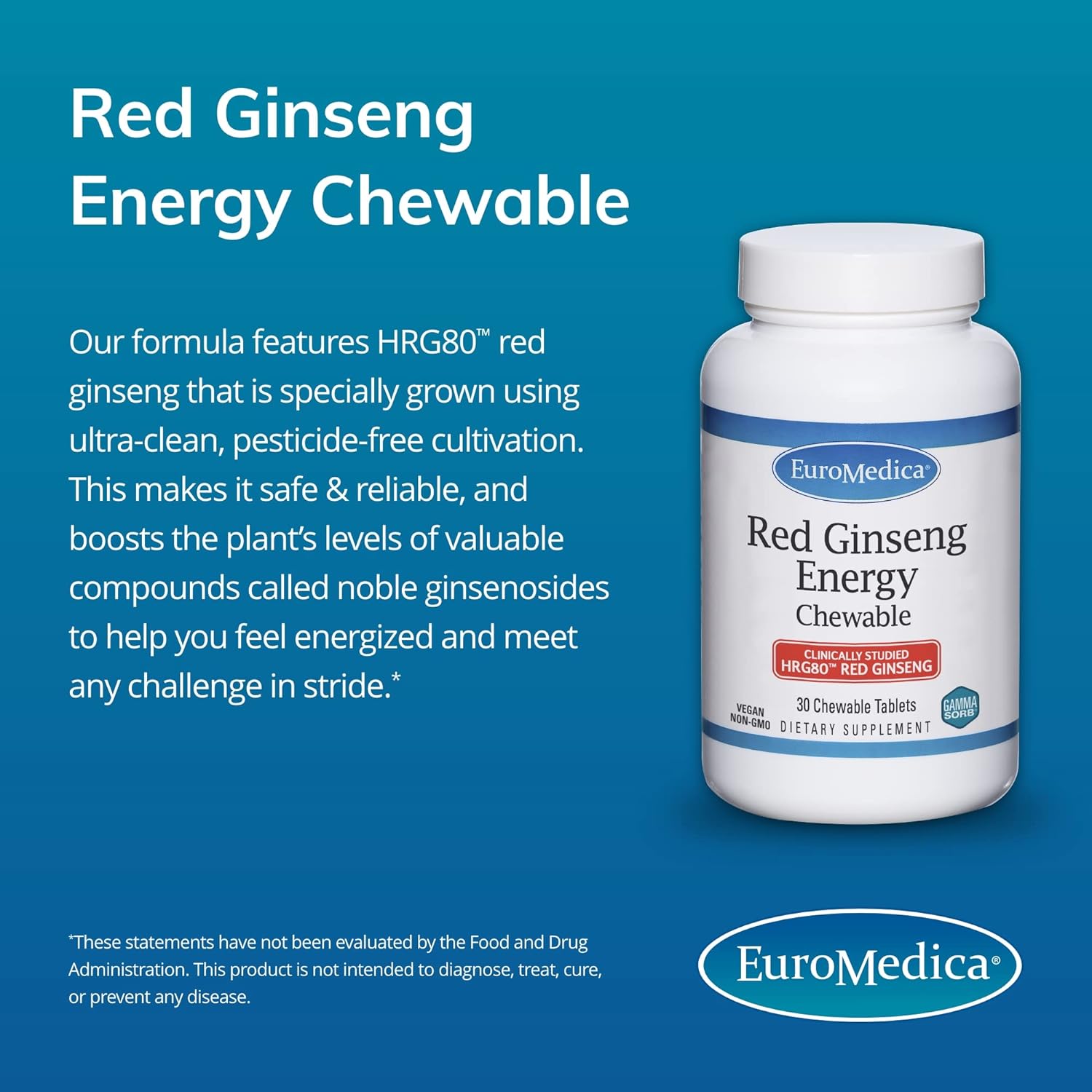 Euromedica Red Ginseng Energy - 30 Chewable Tablets - Features HRG80 -