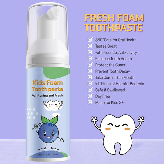 Kids Foam Toothpaste, Toddler Toothpaste with Low uoride, Kids Mouthwash Foaming Toothpaste for U-Shaped Toothbrush for Children for 3 and Up(Blueberry, 2 Packs)