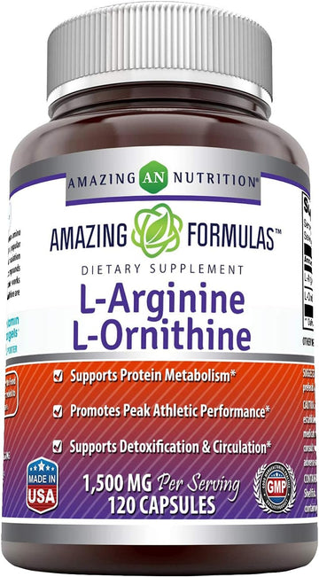 Amazing Formulas L-Arginine/L-Ornithine 1500 Mg Per Serving, 120 Capsules Supplement- Supports Protein Metabolism - Promotes Athletic Performance - Supports Better Circulation