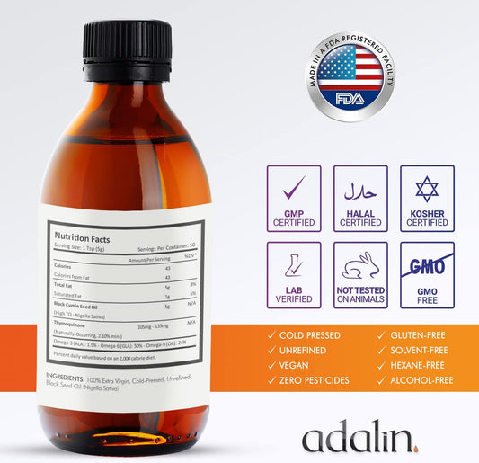 adalin Black Seed Oil Liquid 8.4 fl oz | Nigella Sativa Seed Oil | High Thymoquinone | Cold Pressed | Glass Bottle | Bla