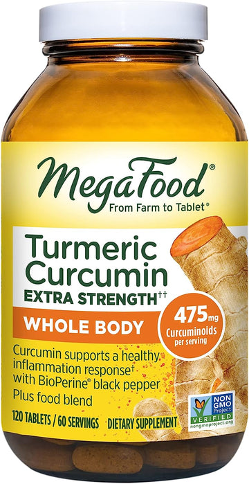 MegaFood Turmeric Curcumin Extra Strength - Whole Body - Turmeric Curcumin with Black Pepper- 475mg Curcuminoids - Holy Basil, Tart Cherry - Made Without 9 Food Allergens - 120 Tabs (60 Servings)
