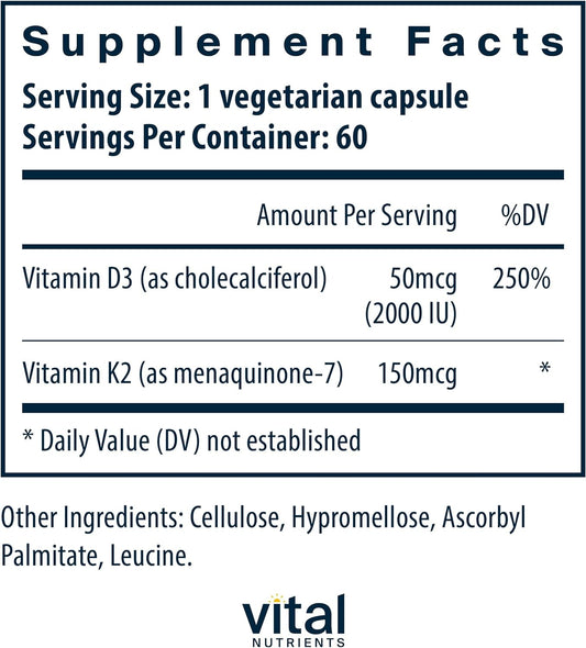 Vital Nutrients K2 + D3 Vitamin | Support Bone, Heart, Immune and Join