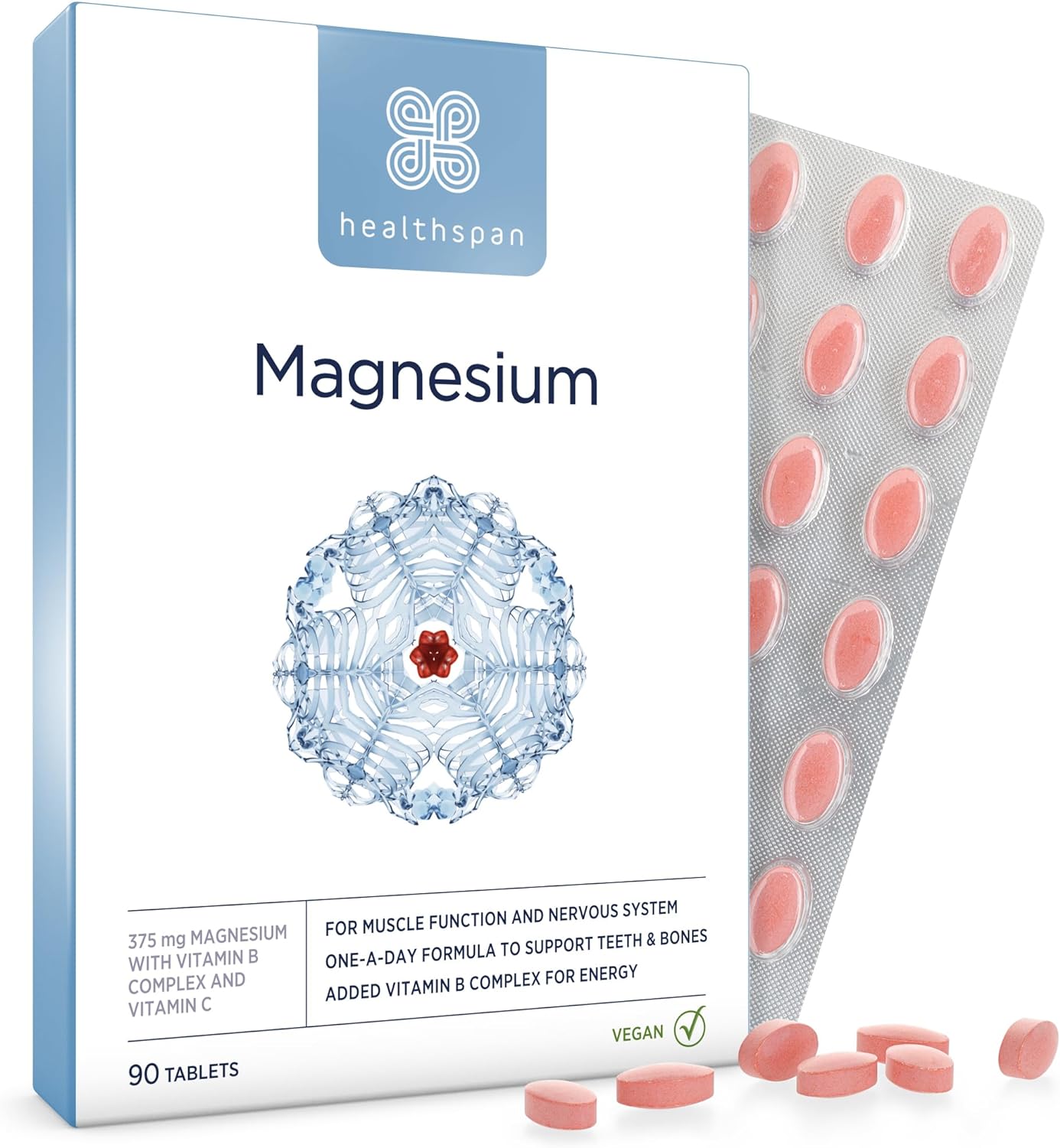 Healthspan Magnesium 375mg (90 Tablets) | Added Vitamin C & Vitamin B 0.37 Grams