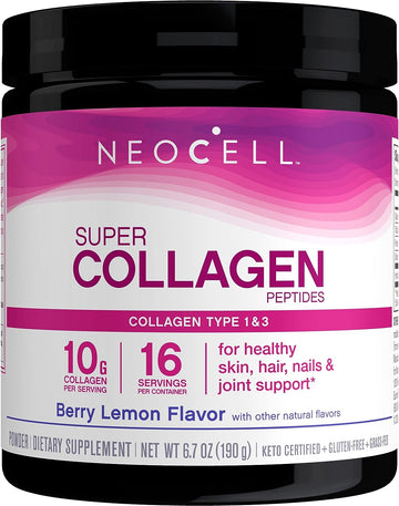 NeoCell Super Collagen Powder, 10g Collagen Peptides per Serving, Gluten Free, Keto Friendly, Non-GMO, Grass Fed, Paleo Friendly, Healthy Hair, Skin, Nails & Joints, Berry Lemon, 6.