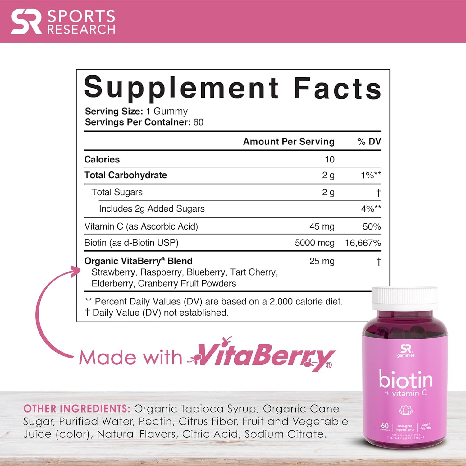 Sports Research Biotin Gummies (5,000mcg) with Vitamin C | Vegan Certi