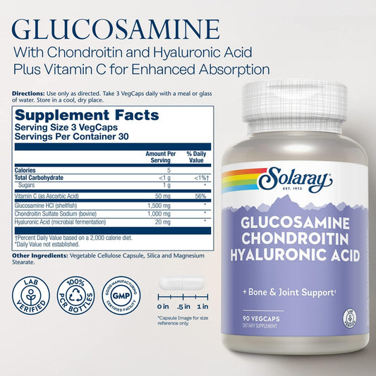 SOLARAY Glucosamine Chondroitin and Hyaluronic Acid, 1500mg/1000mg/20mg 90 Capsules