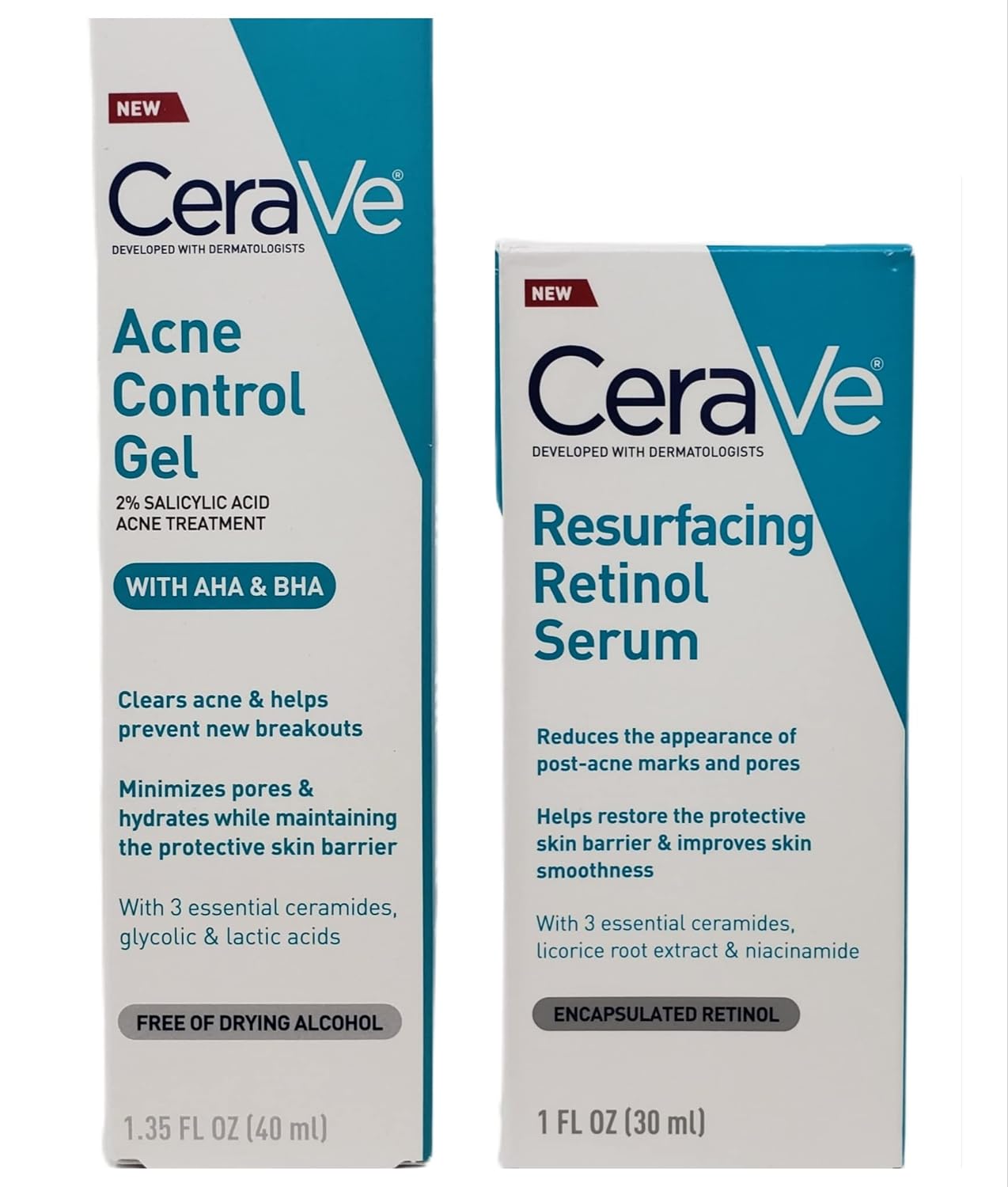 CeraVe Acne Treatment Bundle - Contains CeraVe Resurfacing Retinol Serum (1  ) & CeraVe Acne Control Gel (1.35  ) - With 3 Essential Ceramides, 2 Piece Set, 2.35