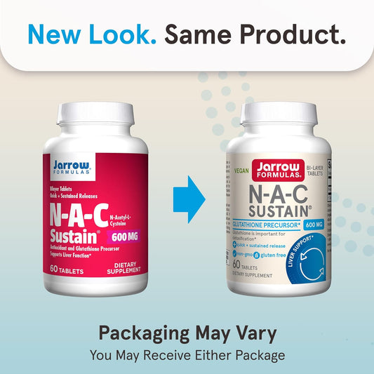 Jarrow Formulas N-A-C Sustain 600 mg, Dietary Supplement, Amino Acid Support for Liver Health and Antioxidants, 60 Tablets, 60 Day Supply