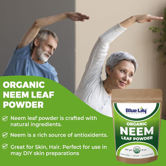 Blue Lily Organics - Organic Neem Leaf Powder (Azadirachta Indica) 16 oz (454 gm), USDA Certified, 100% Pure Neem Leaves