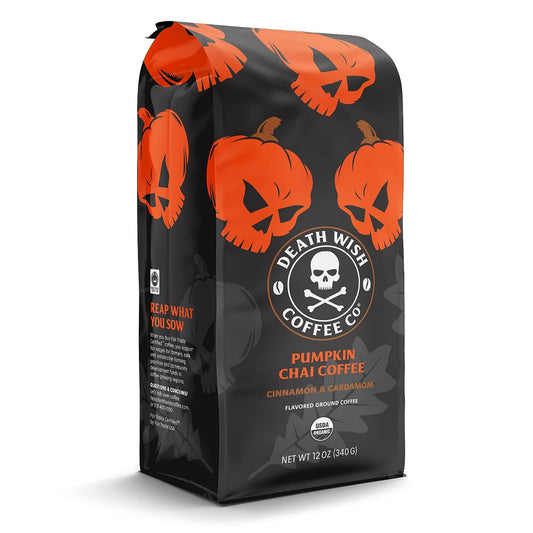 DEATH WISH COFFEE Organic Pumpkin Spice Dark Roast Coffee Ground Fair Trade, Arabica, Robusta, Chai, Cardamom, Cinnamon, and Ginger Infused Spices