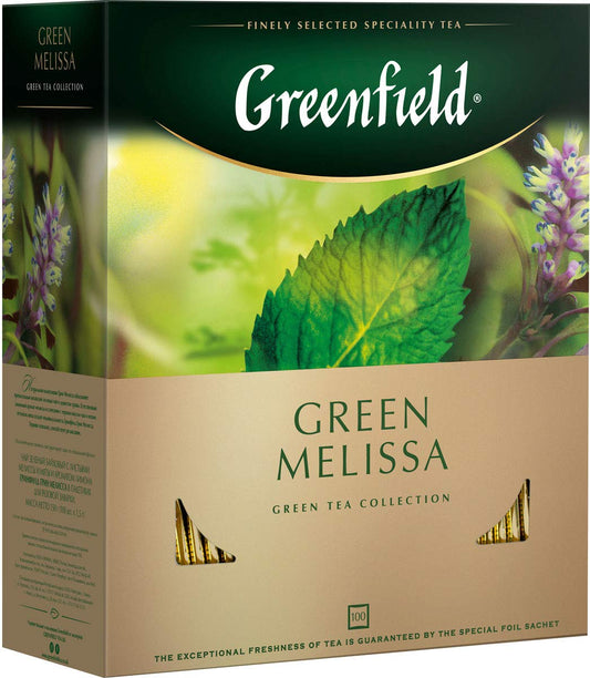 Greenfield Green Melissa Green Tea Collection Finely Selected Speciality Tea 100 Double Chamber Teabags With Tags in Foil Sachets